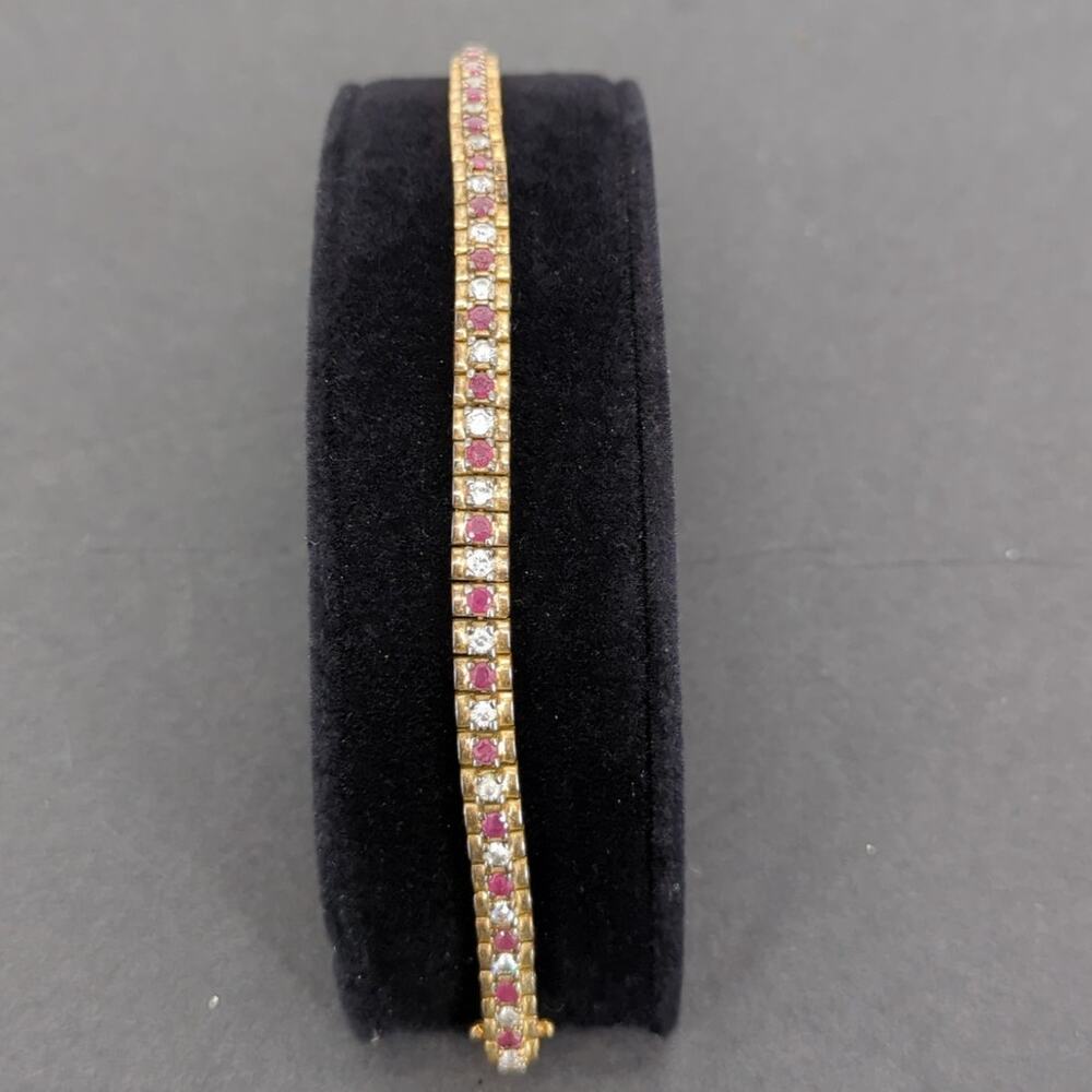 Vintage BRACELET Ruby Diamond 925 Tennis 8" Sterling Silver Red